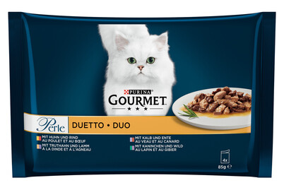 Image of Gourmet Perle Duetto, nasses Alleinfuttermittel für ausgewachsene Katzen, 85g Portionsbeutel
