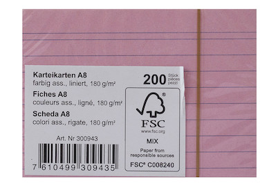 Image of Karteikarten A8 liniert farbig 180g 200 Blatt