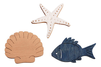 Image of Holz Streuteile Fisch,Muschel,Seestern, 3-3,5cm, sortiert, SB-Btl 18Stück bei JUMBO