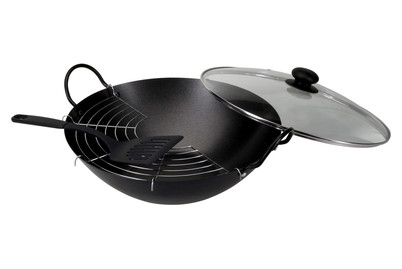 Image of Wok, Stahl, Ø 35 cm, mit 2 Griffen, Glasdeckel bei JUMBO