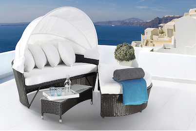 Image of Beliani Sonneninsel Rattan dunkelbraun Sonnendach beige Sylt LUX bei JUMBO