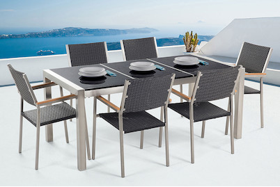 Image of Beliani Gartenmöbel Set Granit schwarz poliert (90x180x74cm) mit 6-Sitzer-Stühle Rattan Grosseto bei JUMBO