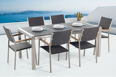 Image of Beliani Gartenmöbel Set Granit schwarz geflammt (90x180x74cm) mit 6-Sitzer Stühle Rattan Grosseto bei JUMBO