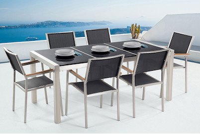 Image of Beliani Gartenmöbel Set Granit schwarz poliert (90x180x74cm) mit 6-Sitzer Stühle inkl. Textilbespannung Grosseto bei JUMBO