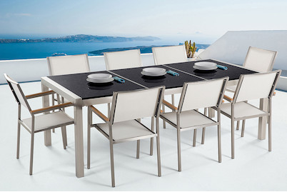 Image of Beliani Gartenmöbel Set Granit schwarz poliert (100x220x74cm) mit 8-Sitzer Stühle inkl. Textilbespannung weiss Grosseto bei JUMBO