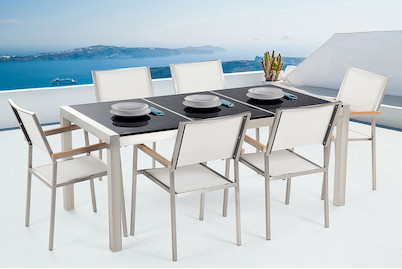 Image of Beliani Gartenmöbel Set Granit schwarz poliert (90x180x74cm) mit 6-Sitzer Stühle inkl. Textilbespannung weiss Grosseto bei JUMBO