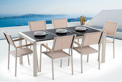 Image of Beliani Gartenmöbel Set Granit schwarz poliert (90x180x74cm) mit 6-Sitzer Stühle inkl. Textilbespannung beige Grosseto bei JUMBO