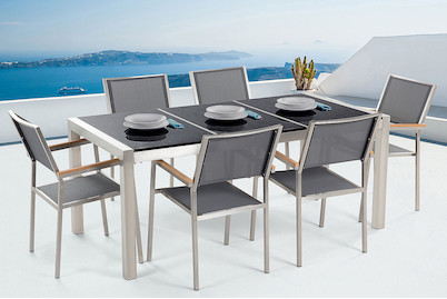Image of Beliani Gartenmöbel Set Granit schwarz poliert (90x180x74cm) mit 6-Sitzer Stühle inkl. Textilbespannung grau Grosseto bei JUMBO