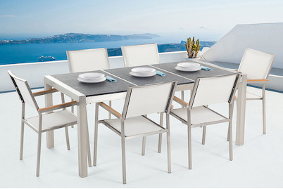 Image of Beliani Gartenmöbel Set Granit schwarz geflammt (90x180x74cm) mit 6-Sitzer Stühle inkl. Textilbespannung weiss Grosseto bei JUMBO