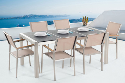 Image of Beliani Gartenmöbel Set Granit schwarz geflammt (90x180x74cm) mit 6-Sitzer Stühle inkl. Textilbespannung beige Grosseto bei JUMBO