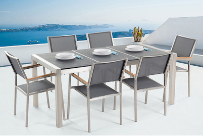 Image of Beliani Gartenmöbel Set Granit schwarz geflammt (90x180x74cm) mit 6-Sitzer Stühle inkl. Textilbespannung grau Grosseto bei JUMBO