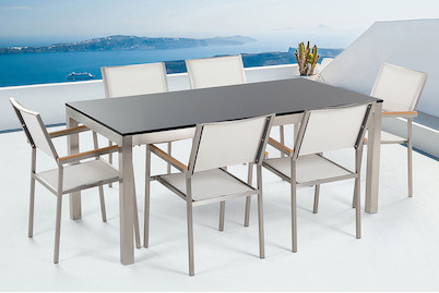 Image of Beliani Gartenmöbel Set Granit schwarz poliert (90x180x76cm) mit 6-Sitzer Stühle inkl. Textilbespannung weiss Grosseto bei JUMBO