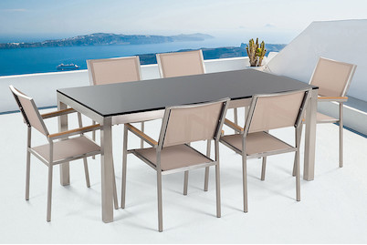 Image of Beliani Gartenmöbel Set Granit schwarz poliert (90x180x76cm) mit 6-Sitzer Stühle inkl. Textilbespannung beige Grosseto bei JUMBO