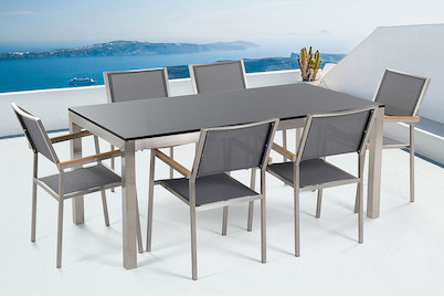 Image of Beliani Gartenmöbel Set Granit schwarz poliert (90x180x76cm) mit 6-Sitzer Stühle inkl. Textilbespannung grau Grosseto bei JUMBO