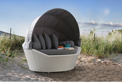 Image of Beliani Sonneninsel Rattan weiss Sonnendach grau Sylt bei JUMBO