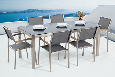Image of Beliani Gartenmöbel Set Glasplatte schwarz (90x180x76cm) mit 6-Sitzer Stühle inkl. Textilbespannung grau Grosseto bei JUMBO