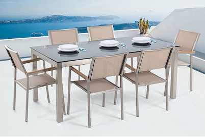 Image of Beliani Gartenmöbel Set Glasplatte schwarz (90x180x76cm) mit 6-Sitzer Stühle inkl. Textilbespannung beige Grosseto bei JUMBO