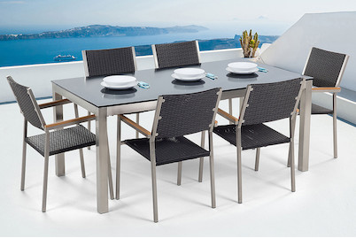 Image of Beliani Gartenmöbel Set Glasplatte schwarz (90x180x76cm) mit 6-Sitzer Stühle Rattan schwarz Grosseto bei JUMBO