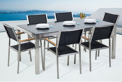Image of Beliani Gartenmöbel Set Glasplatte schwarz (90x180x76cm) mit 6-Sitzer Stühle inkl. Textilbespannung schwarz Grosseto bei JUMBO