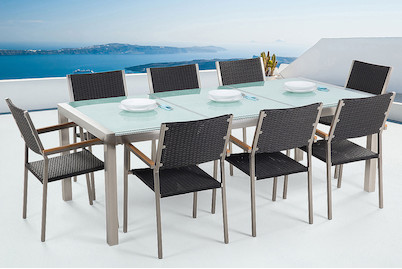 Image of Beliani Gartenmöbel Set Crashglas (100x220x74cm) mit 8-Sitzer Stühle Rattan schwarz Grosseto bei JUMBO