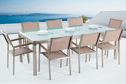 Image of Beliani Gartenmöbel Set Crashglas (100x220x74cm) mit 8-Sitzer Stühle inkl. Textilbespannung beige Grosseto bei JUMBO