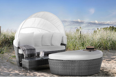 Image of Beliani Sonneninsel Rattan grau Sonnendach beige Sylt LUX bei JUMBO