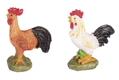 Image of Polyresin Hähne mit Klebepunkt, 3x1,5x4cm, sortiert, PVC-Box 4Stück bei JUMBO