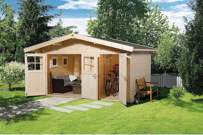 Image of Weka Gartenhaus 261 Gr.1 28mm mit Doppeltüre und sep. Nebenraum (235 x 400 cm), holz natur bei JUMBO
