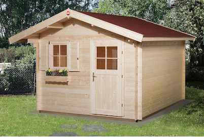 Image of Weka Gartenhaus Premium 28mm mit Fronttüre inkl. Fenster + Vordach (250 x 300 cm), Holz Natur bei JUMBO