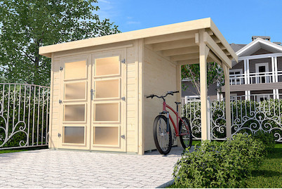 Image of Weka Gartenhaus 321 A Gr.3 19mm mit Milchglastüren + Anbaudach (250 x 369 cm), Holz Natur bei JUMBO