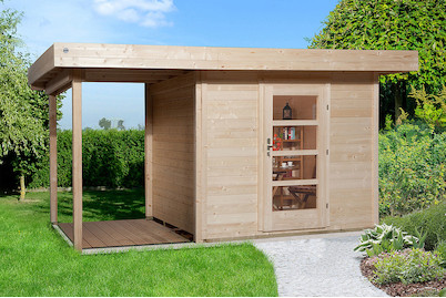 Image of Weka Designhaus 172 A Gr.1 28mm mit verglaster Türe + Anbau-Flachdach (240 x 382 cm), Holz Natur bei JUMBO