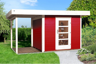 Image of Weka Designhaus 172 A Gr.1 28mm mit verglaster Türe + Anbau-Flachdach (240 x 382 cm), Holz Rot bei JUMBO