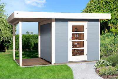 Image of Weka Designhaus 172 A Gr.1 28mm mit verglaster Türe + Anbau-Flachdach (240 x 382 cm), Holz Grau bei JUMBO