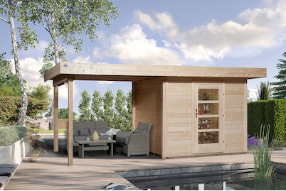 Image of Weka Designhaus 172 B Gr.1 28mm mit verglaster Türe + Anbau-Flachdach (240 x 530 cm), Holz Natur bei JUMBO