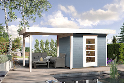 Image of Weka Designhaus 172 B Gr.1 28mm mit verglaster Türe + Anbau-Flachdach (240 x 530 cm), Holz Grau bei JUMBO