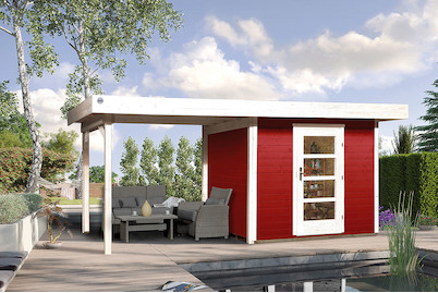 Image of Weka Designhaus 172 B Gr.2 28mm mit verglaster Türe + Anbau-Flachdach (300 x 530 cm), Holz Rot bei JUMBO