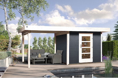 Image of Weka Designhaus 172 B Gr.2 28mm mit verglaster Türe + Anbau-Flachdach (300 x 530 cm), Holz Anthrazit bei JUMBO