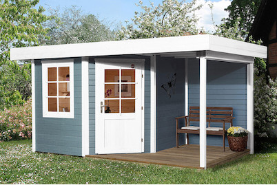 Image of Weka Designhaus 213 A Gr.1 5-Eck 28mm mit bedachter Terasse (238 x 396 cm), Holz Grau bei JUMBO