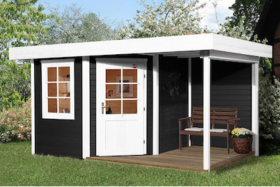 Image of Weka Designhaus 213 A Gr.1 5-Eck 28mm mit bedachter Terasse (238 x 396 cm), Holz Anthrazit bei JUMBO