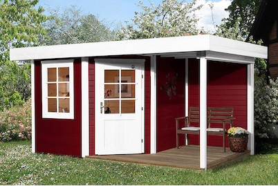 Image of Weka Designhaus 213 A Gr.2 5-Eck 28mm mit bedachter Terasse (298 x 456 cm), Holz Rot bei JUMBO