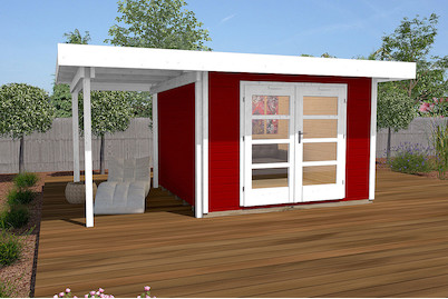 Image of Weka Designhaus 126 A Gr.1 28mm mit verglaster Türe + Anbau-Flachdach (240 x 442 cm), Holz Rot bei JUMBO