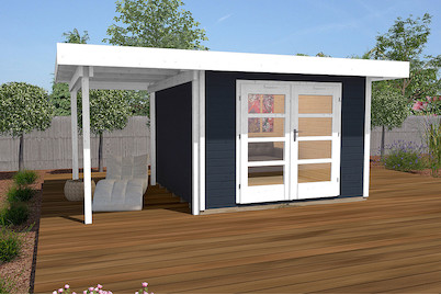 Image of Weka Designhaus 126 A Gr.1 28mm mit verglaster Türe + Anbau-Flachdach (240 x 442 cm), Holz Anthrazit bei JUMBO