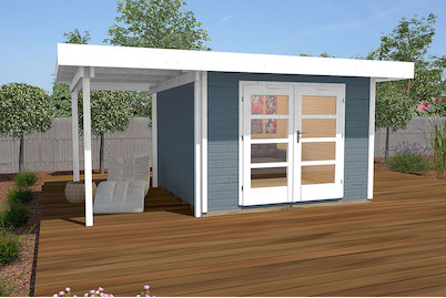 Image of Weka Designhaus 126 A Gr.2 28mm mit verglaster Türe + Anbau-Flachdach (300 x 442 cm), Holz Grau bei JUMBO