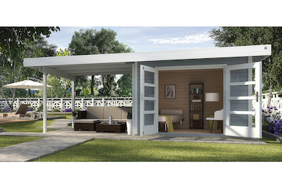 Image of Weka Designhaus 126 B Gr.1 28mm mit verglaster Türe + Anbau-Flachdach (240 x 590 cm), Holz Grau bei JUMBO