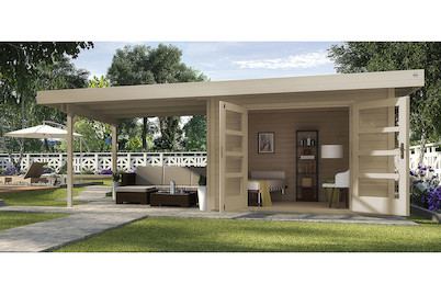 Image of Weka Designhaus 126 B Gr.2 28mm mit verglaster Türe + Anbau-Flachdach (300 x 590 cm), Holz Natur bei JUMBO