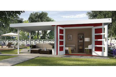 Image of Weka Designhaus 126 B Gr.2 28mm mit verglaster Türe + Anbau-Flachdach (300 x 590 cm), Holz Rot bei JUMBO