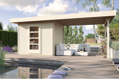 Image of Weka Designhaus WekaLine 172 B Gr.1 28mm mit verglaster Türe + Anbau-Flachdach (210 x 500 cm), Holz Natur bei JUMBO