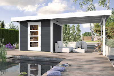 Image of Weka Designhaus WekaLine 172 B Gr.1 28mm mit verglaster Türe + Anbau-Flachdach (210 x 500 cm), Holz Anthrazit bei JUMBO