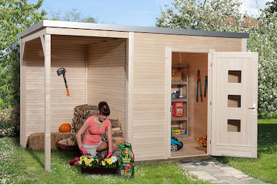 Image of Weka Designhaus WekaLine 413 A Gr.2 45mm mit Flachdach + Anbau (300 x 450 cm), Holz Natur bei JUMBO