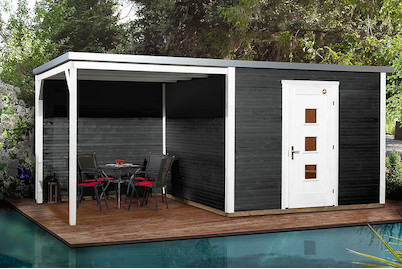 Image of Weka Designhaus WekaLine 413 B Gr.1 45mm mit Flachdach + Anbau (250 x 546 cm), Holz Anthrazit bei JUMBO